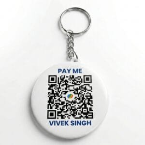 Custom QR Code Payment Badge Keychain – Personalized UPI Scan & Pay Keyring with Name | Glossy Round QR Keychain for Business, Vendors & Freelancers