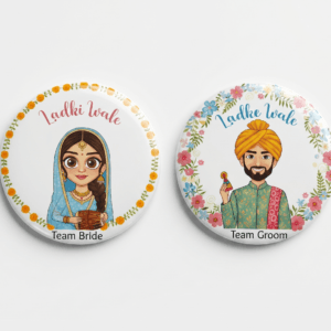 Ladki Wale & Ladke Wale Wedding Badges( Available In Matte & Glitter Finish ) – Team Bride & Team Groom Round Pins | Haldi, Mehndi & Wedding Function Accessories ( Set of 2 Badges )