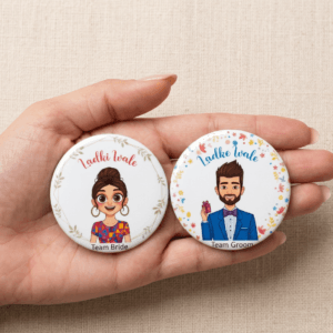 Ladki Wale & Ladke Wale Wedding Badges – Team Bride & Team Groom Round Pins | Haldi, Mehndi & Wedding Function Accessories ( Set of 2 Badges )