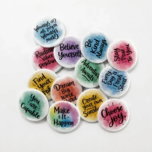 Motivational Quote Badges – Pack of 10 | 58mm Positive Vibes Button Badges for Gifting & Daily Inspiration